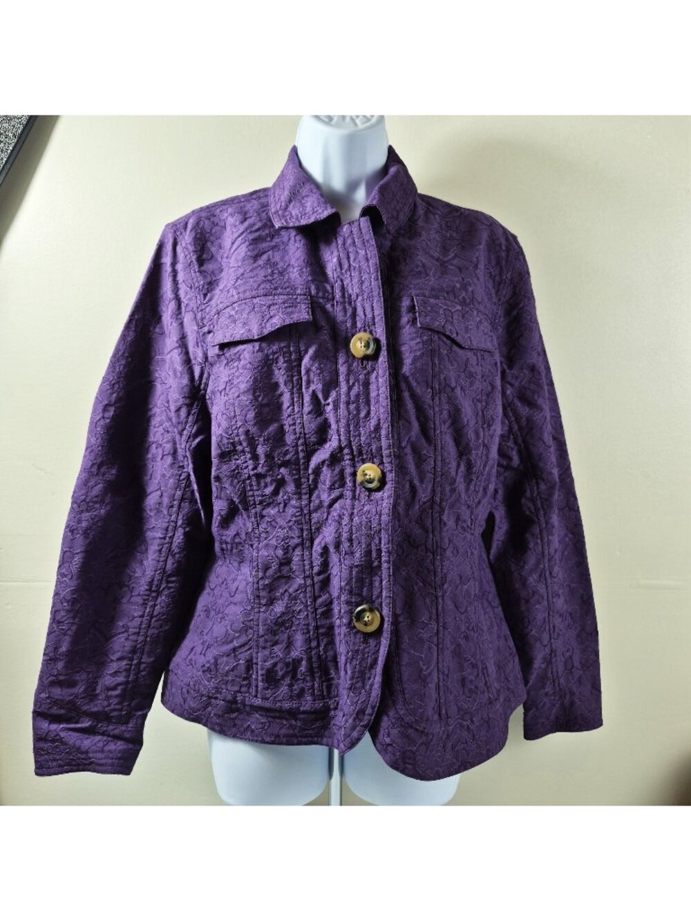 Coldwater Creek Women's 16 Purple Floral Jacquard Button Front Jacket